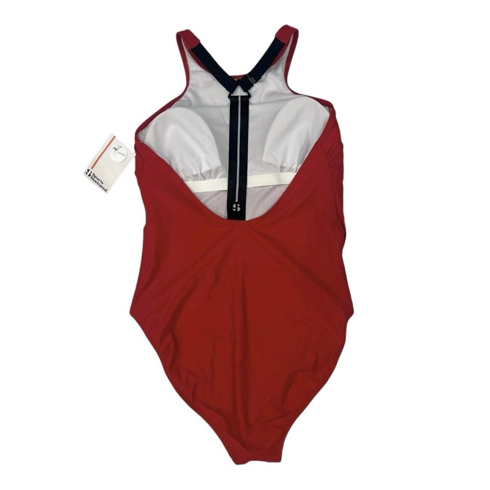 Sports Illustrated One Piece Swimsuit Size Large Red High Leg Racer T Strap Back - Picture 3 of 10